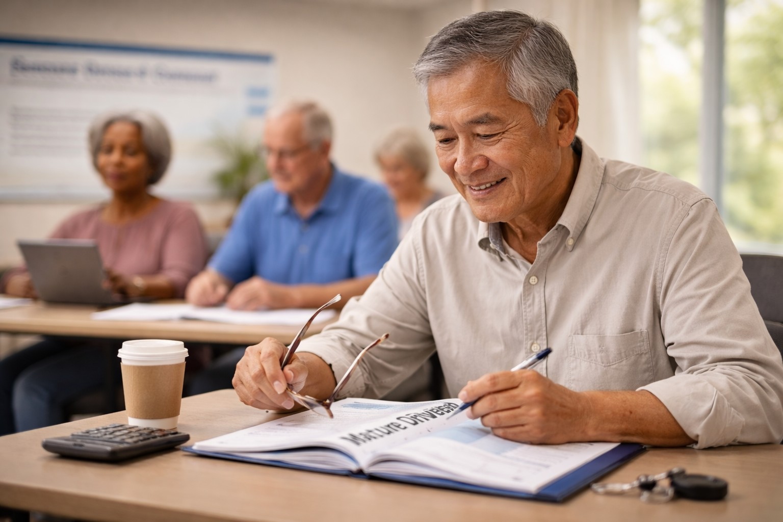 Older Asian man attending a mature driver safety class, reviewing course materials at a desk with other senior participants in the background.