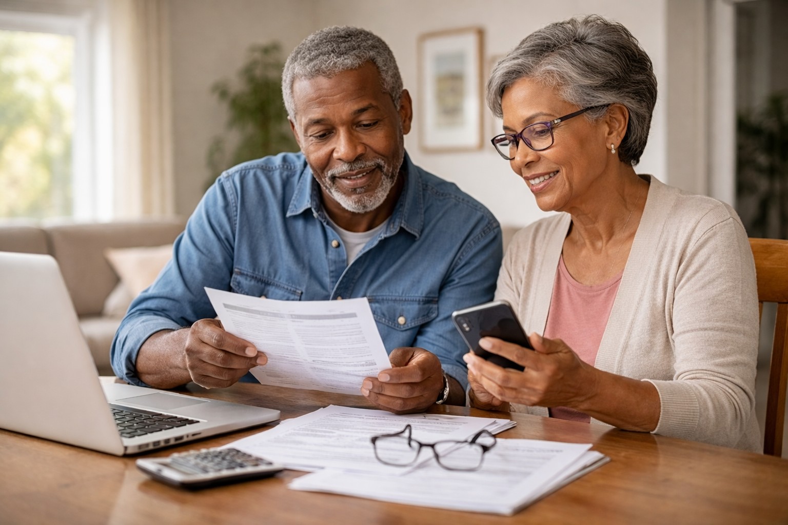 Senior African American couple reviewing car insurance documents at a dining table, using a laptop and smartphone in a calm home setting.