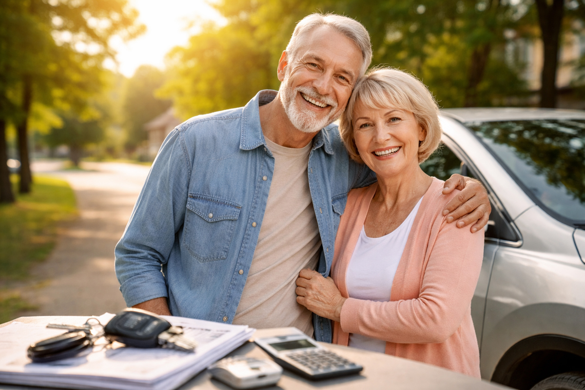 Smiling senior couple standing beside their car in a sunny neighborhood, representing safe driving and senior car insurance savings.