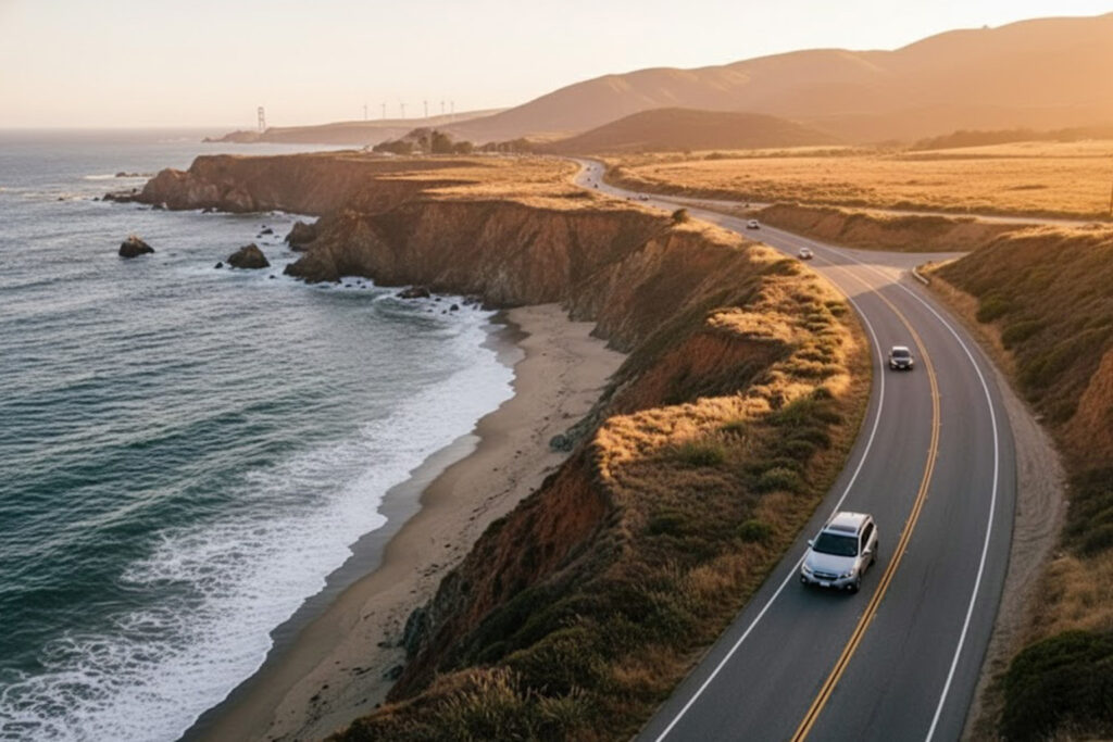 California coast with drivers driving in the countryside.