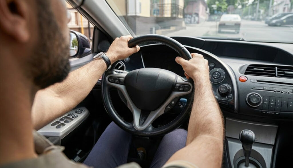 Man driving safely in his car on the street