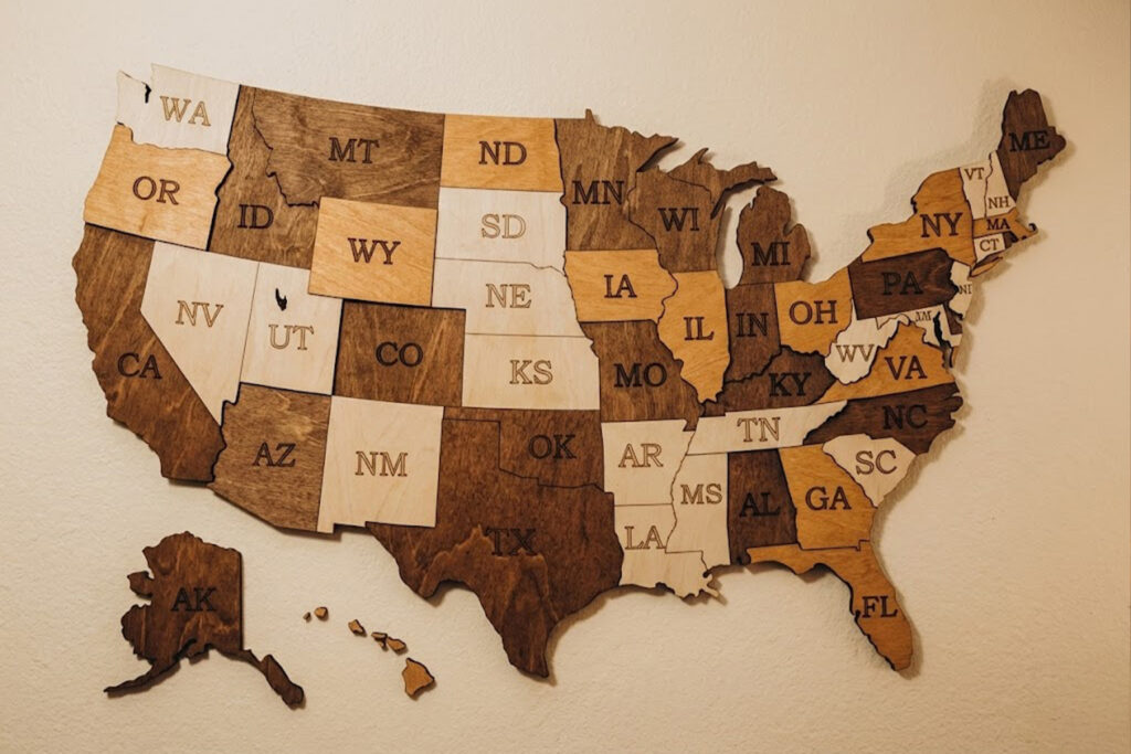 A wooden map of the United States of America