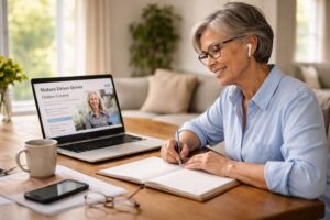 Older woman attending an online mature driver course at home, seated at a desk using a laptop in a calm, well-lit living space.