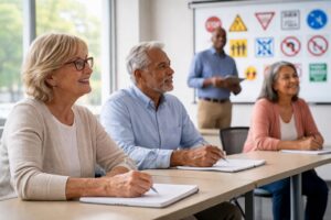 Older adults from diverse backgrounds sit at classroom desks, taking notes during a senior driving safety course as an instructor speaks at the front in natural daylight.