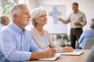 Older couple seated in a classroom taking notes during a senior driving safety course while an instructor presents in the background.