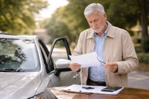 Senior man standing beside his parked car on a quiet street, reviewing paperwork with reading glasses in natural daylight.