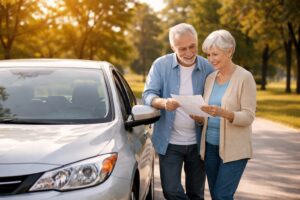 Senior couple standing next to a silver car outdoors, calmly looking at documents in a peaceful setting.
