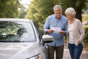 Older couple standing beside a parked car on a quiet residential street, calmly reviewing paperwork in natural daylight.