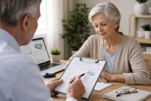 Older woman meeting with an insurance agent at a desk, reviewing paperwork about driving education in a bright, natural office.
