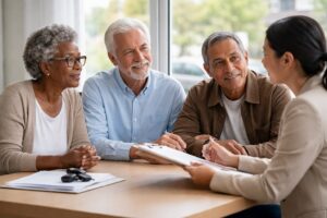 Three older adults from diverse backgrounds sit at a table in a modern office, listening attentively as an insurance agent reviews documents with them in natural daylight.