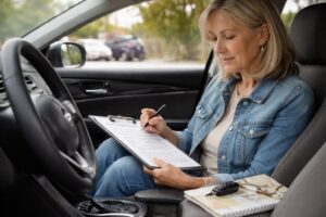 Calm middle-aged driver seated in her parked car reviewing a driving checklist before a DMV driving review, with personal items nearby.