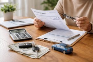 Person reviewing car insurance documents with calculator, cash, and car keys on a desk in natural light