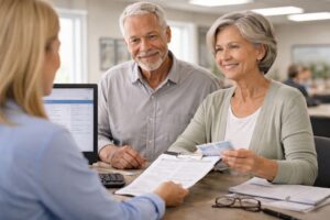 Older couple at a DMV counter completing license renewal paperwork with assistance from a staff member in a bright office setting.