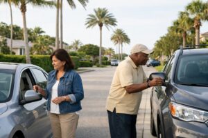 Older adults of diverse ethnic backgrounds standing beside parked cars on a quiet suburban Florida street lined with palm trees, in natural daylight, preparing to drive in a calm residential neighborhood.