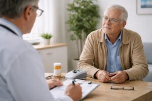 Older adult sitting in a medical exam room with a doctor reviewing health records in natural light