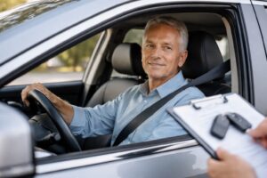 Calm older driver seated in a car while an instructor reviews paperwork beside the open window