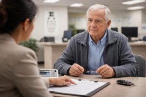 Older driver seated at a DMV desk during a re-examination, listening to a staff member while holding glasses in a quiet office setting.