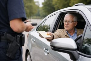 Older man receiving a traffic ticket from a police officer while seated in his car on a quiet road