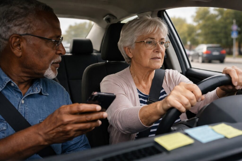 Older woman driving while a passenger shows her a smartphone, illustrating multitasking and attention demands inside a car.