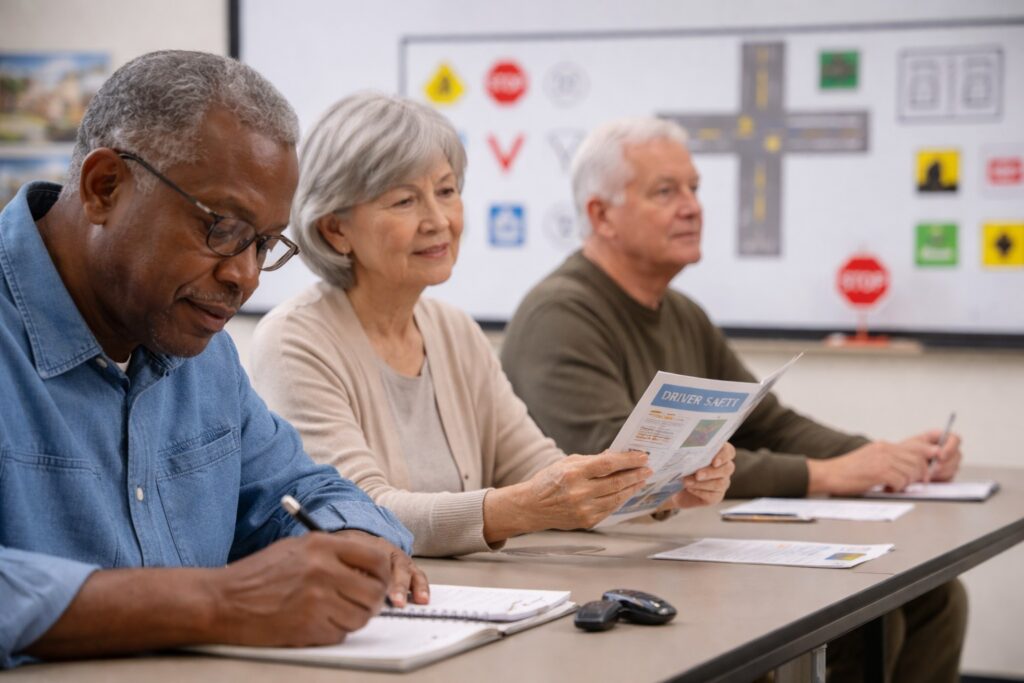 Three adults of different ages and ethnicities sit at a classroom table reviewing materials during a driver education course.