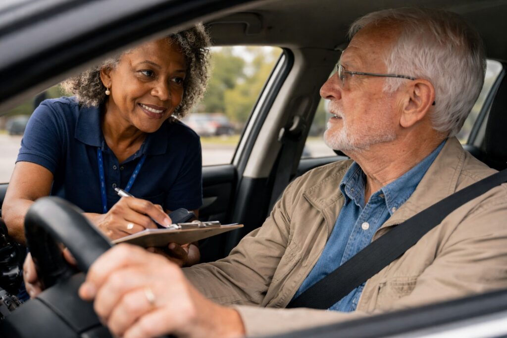 Driving instructor speaking with an older driver seated in a car during a lesson, captured in natural daylight.