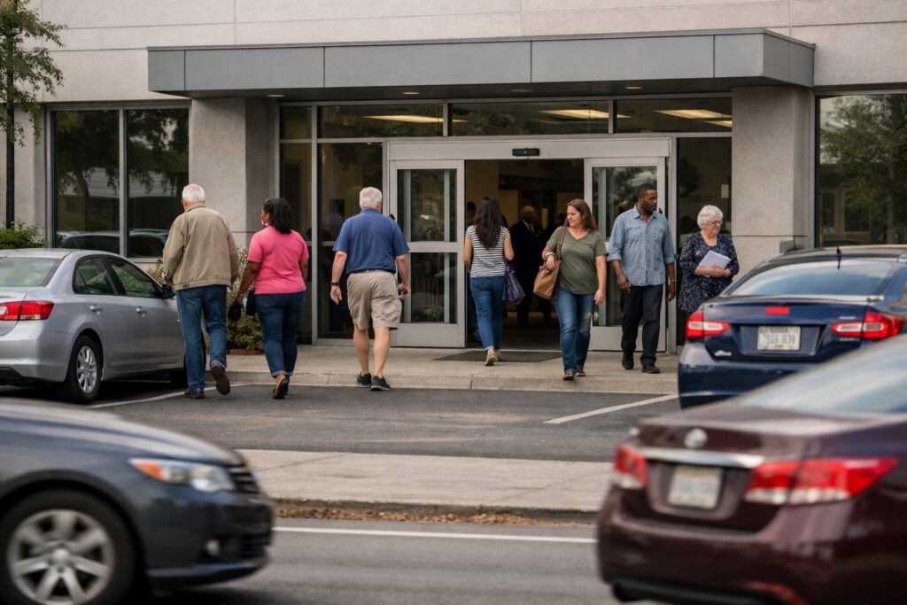 Diverse group of people exiting a state DMV building with parked cars outside, captured in natural daylight in a realistic setting.
