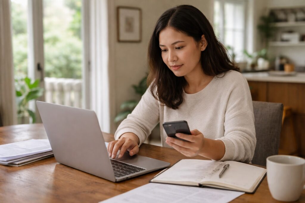 A woman reviews course information on a laptop and smartphone at a desk, checking details before enrolling in an online program.