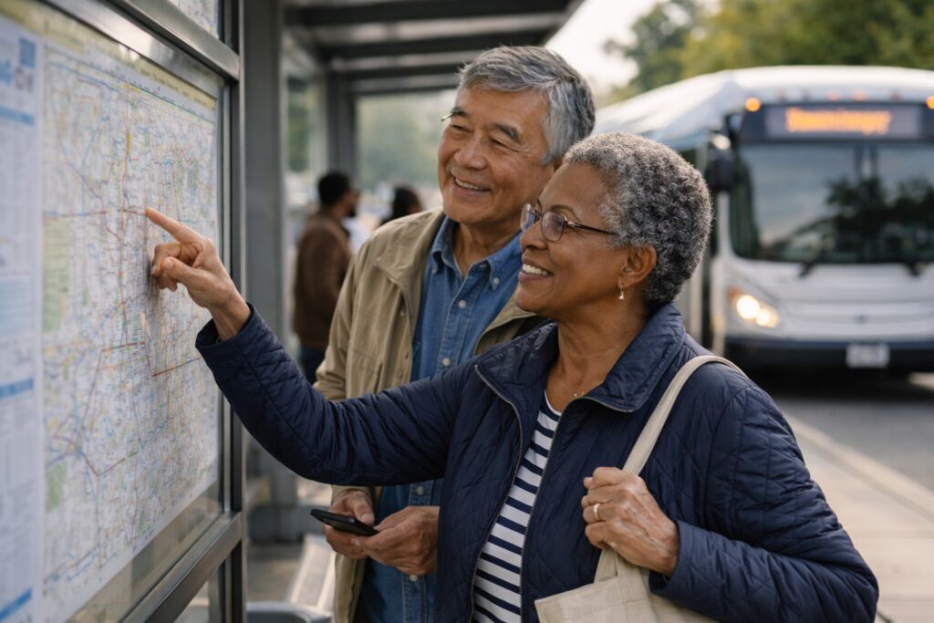 Older adults reviewing a public transit route map at a bus stop, planning their journey together in natural daylight.