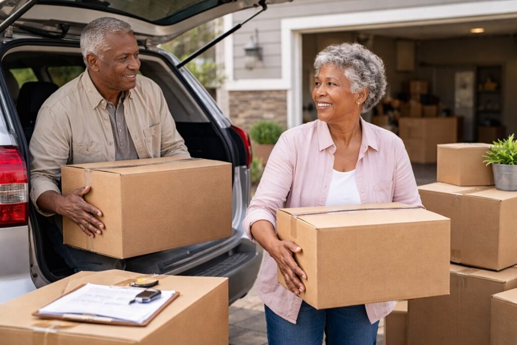 An older couple unloads moving boxes from an SUV in front of a new home, pausing to smile at each other in daylight.