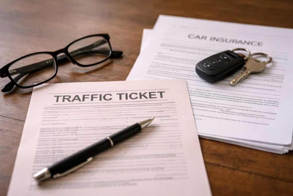 Traffic ticket and car insurance documents on a desk with a pen, glasses, and car keys, highlighting differences in course outcomes.
