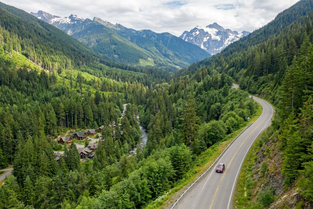 Gemini said The image depicts a high-angle, aerial view of a scenic mountain road in Washington State, capturing the lush and rugged beauty of the Pacific Northwest. Foreground and Road: A winding, two-lane asphalt highway curves through the right side of the frame. A single red car is seen driving along the road, which is bordered by a steep, rocky embankment and dense green shrubbery. Landscape and Vegetation: The valley floor is thick with a vibrant, deep green evergreen forest. A small cluster of rustic, dark-wood cabins or lodges is nestled among the trees near a flowing mountain stream. Background Mountains: In the distance, massive, jagged mountain peaks rise sharply against a cloudy sky. The most prominent peaks are capped with snow and ice, characteristic of the North Cascades or Mt. Rainier. Atmosphere: The overall mood is serene and majestic, emphasizing the scale of the wilderness compared to the lone vehicle on the road.